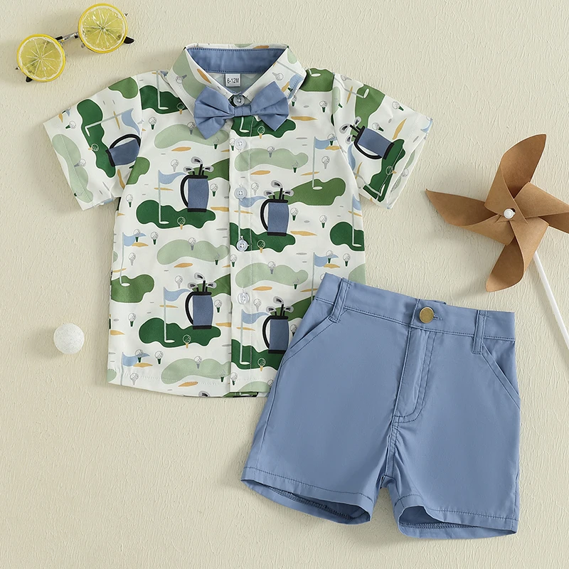 

0-4Y Baby Kids Boys Shorts Set, Short Sleeve Golf Court Print Shirt with Bow Tie and Shorts Toddler Set Summer Outfit