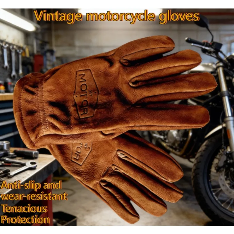 

Vintage Style Motorcycle Riding Gloves Matte Cowhide Warm Wear Resistant Biker Camping Gloves for Men Women