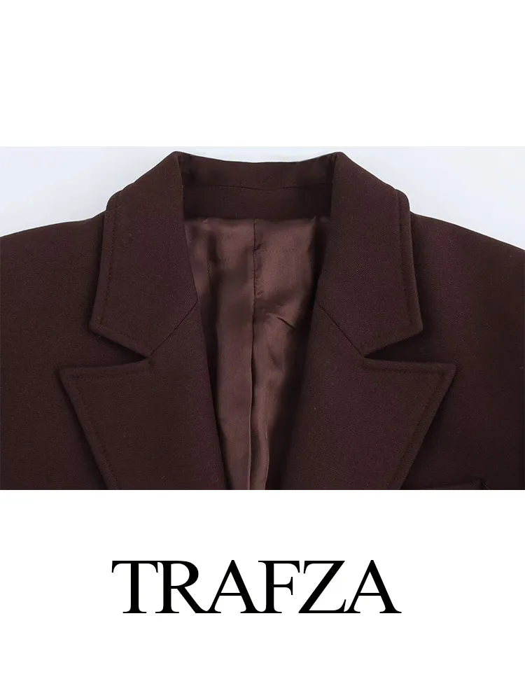 TRAFZA 春のファッションの女性スーツブラウンターンダウン襟長袖シングルブレストブレザー + ハイウエストジッパースカート女性セット