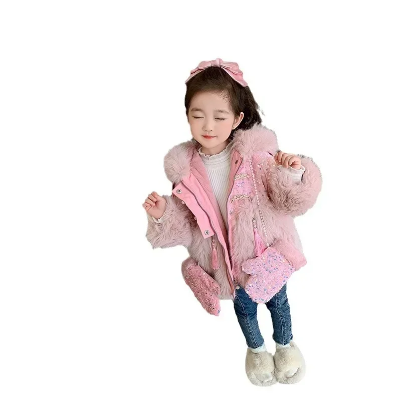 New Plush Jacket for Girls Winter Fashion Pink Shiny Kids Fur Coat Hooded Outerwear Warm Glove Children’s Snowsuit CH198