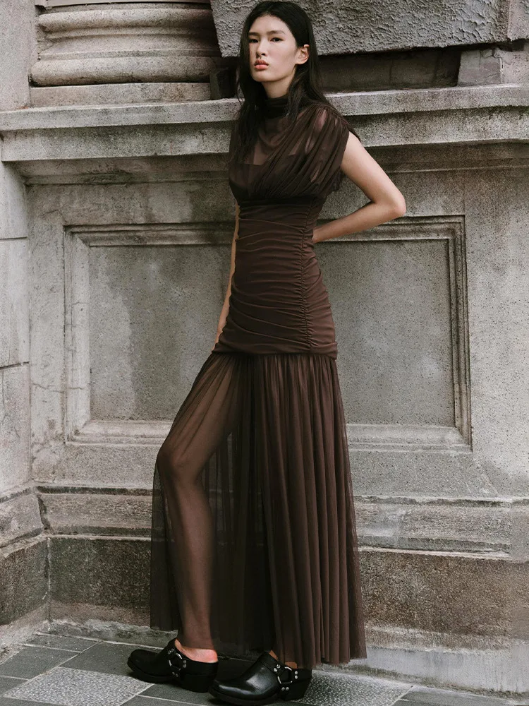 Apprabant Damen-Maxikleid, durchsichtig, Netzstoff, plissiert, halber Rollkragen, sexy, schickes Mädchen, figurbetont, langes Kleid, modisch, Party, Streetwear