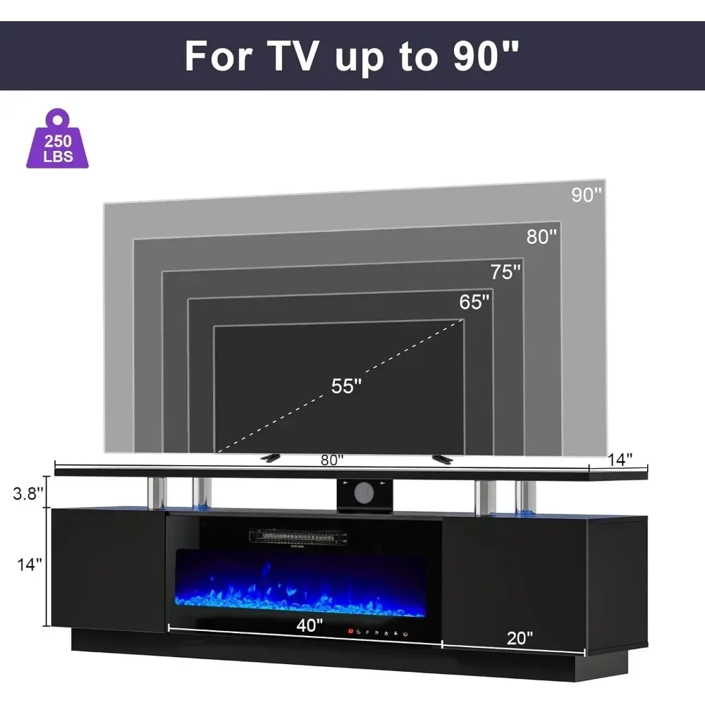 Suporte de TV com lareira de 80", console de mídia moderno com acabamento de alto brilho com lareira elétrica de 40", centro de entretenimento de armazenamento aberto