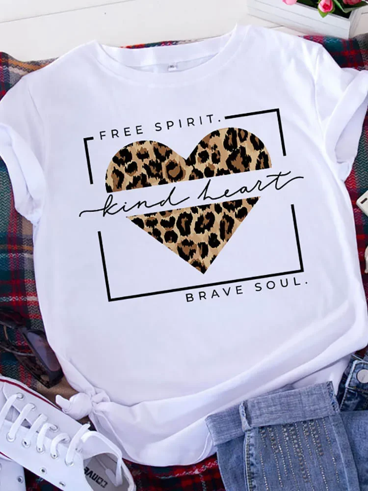 T-shirt Graphic Printed T Shirt Free Spirit Brave Soul Women Short Sleeve Leopard Love Tshirt Valentine's Day Heart Woman Tee