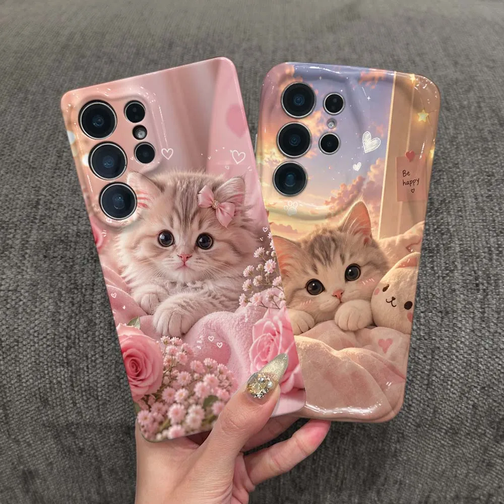 Cute Pink Cat Pattern Cover For Samsung Galaxy S26 S25 S24 S23 S22 FE Plus Ultra Feilin Phone Case Wave Oil Phone Case