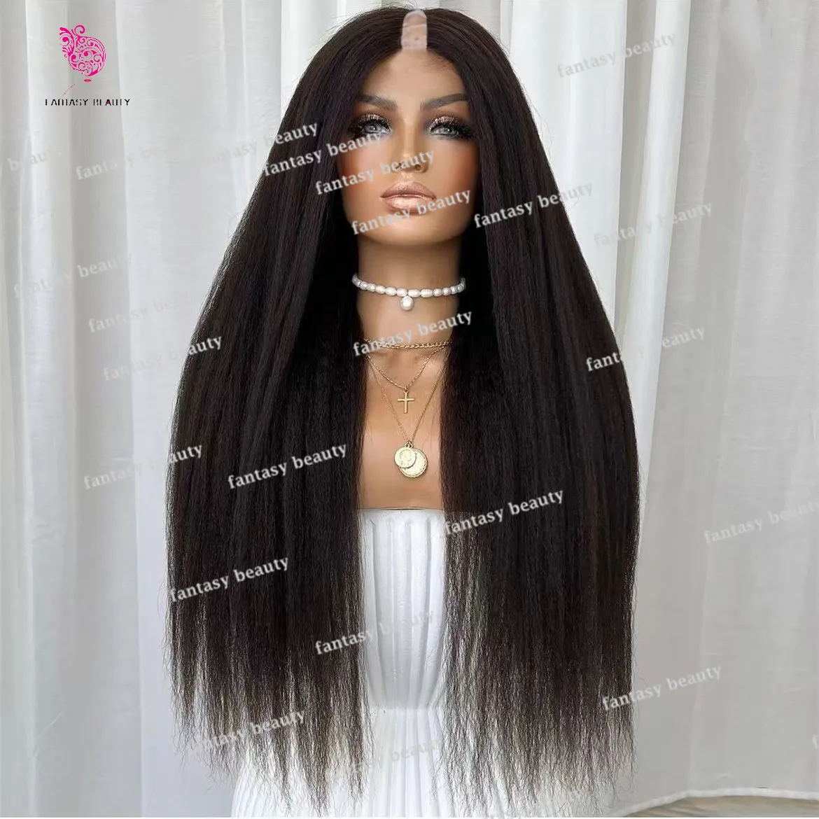 

Black V Part kinky Straight Hair wig women Long Hair wig U Part Human Hair Glueless Human hair 100% Peruvian hair 250% density