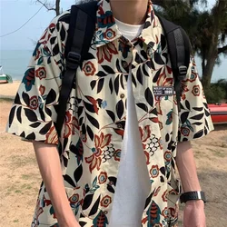 Sycpman Oversize Retro Floral Printed Short Sleeve Shirt Loose Casual for Men Shirts Cotton Mens Clothing Hawaiian