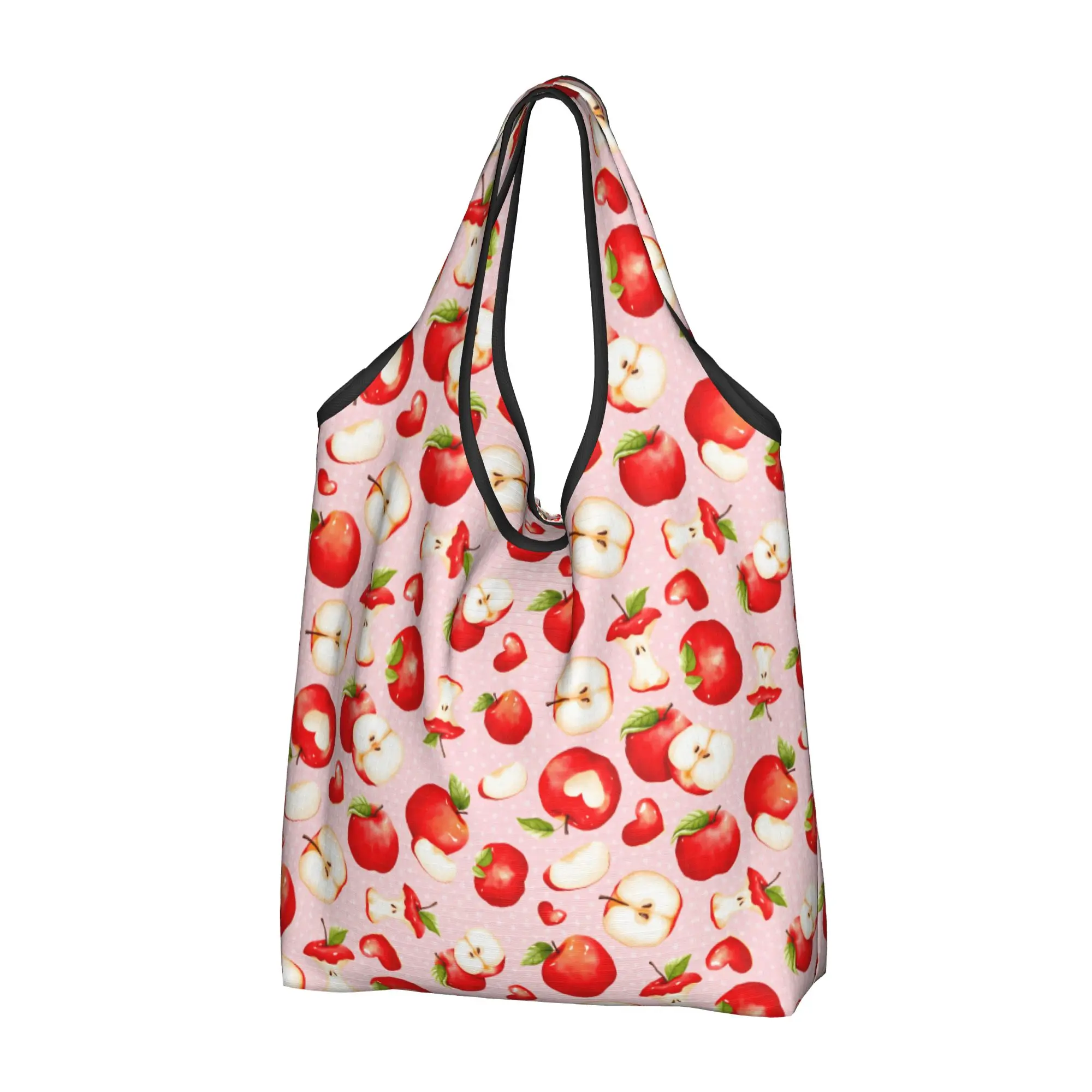 Fashion Red Apple Slices on Pink Shopping Tote Bag Portable  Groceries Shopper Shoulder Bag