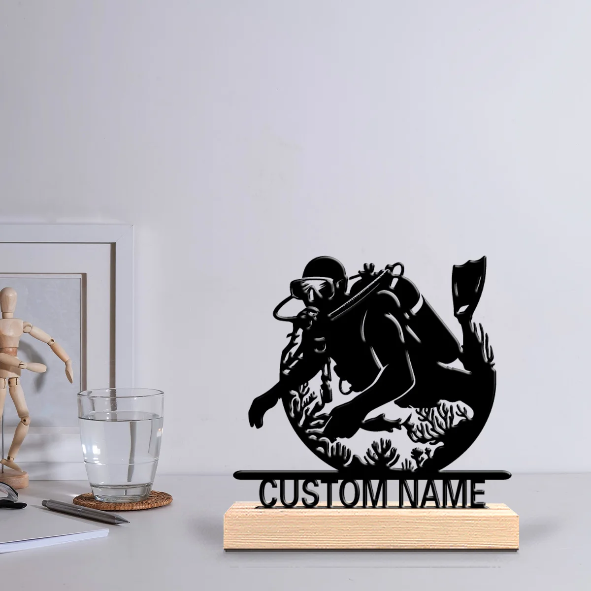 1pc Beauty Personalized Custom Diving Metal Statues Nautical Desk Decor with Wooden Base Perfect for Sailors Beach Houses