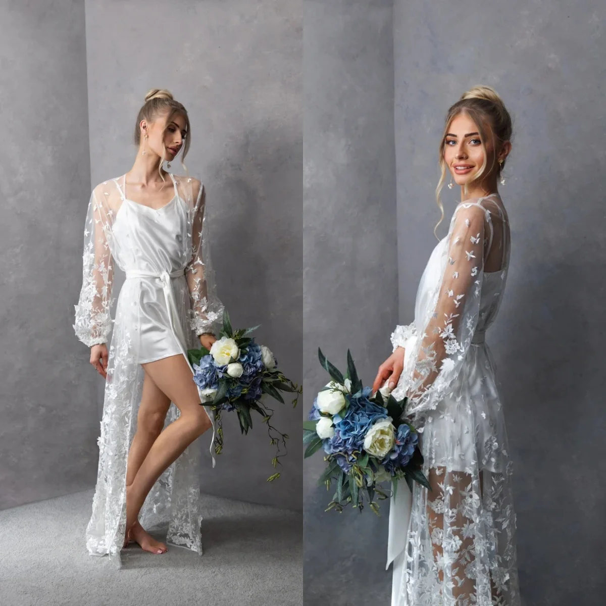 Lace Bride Wedding Robe And Nightgown Two Pieces Bridal Gowns Photo shoot Maternity Dressing Gown for Photography