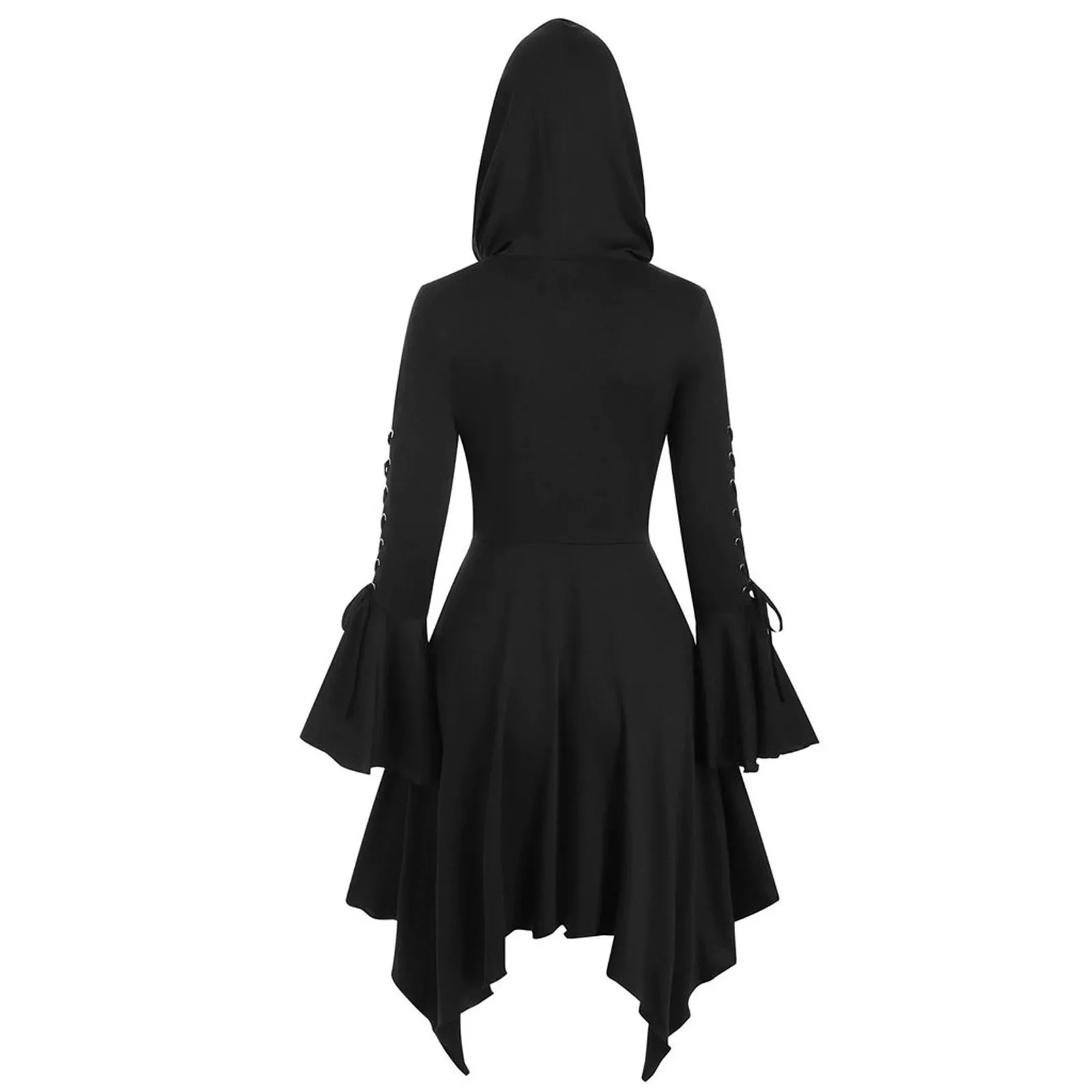 Autumn and Winter Womens Hooded Tops Lace-up Sleeve Button Up  Hem Skirted Gothic Coat