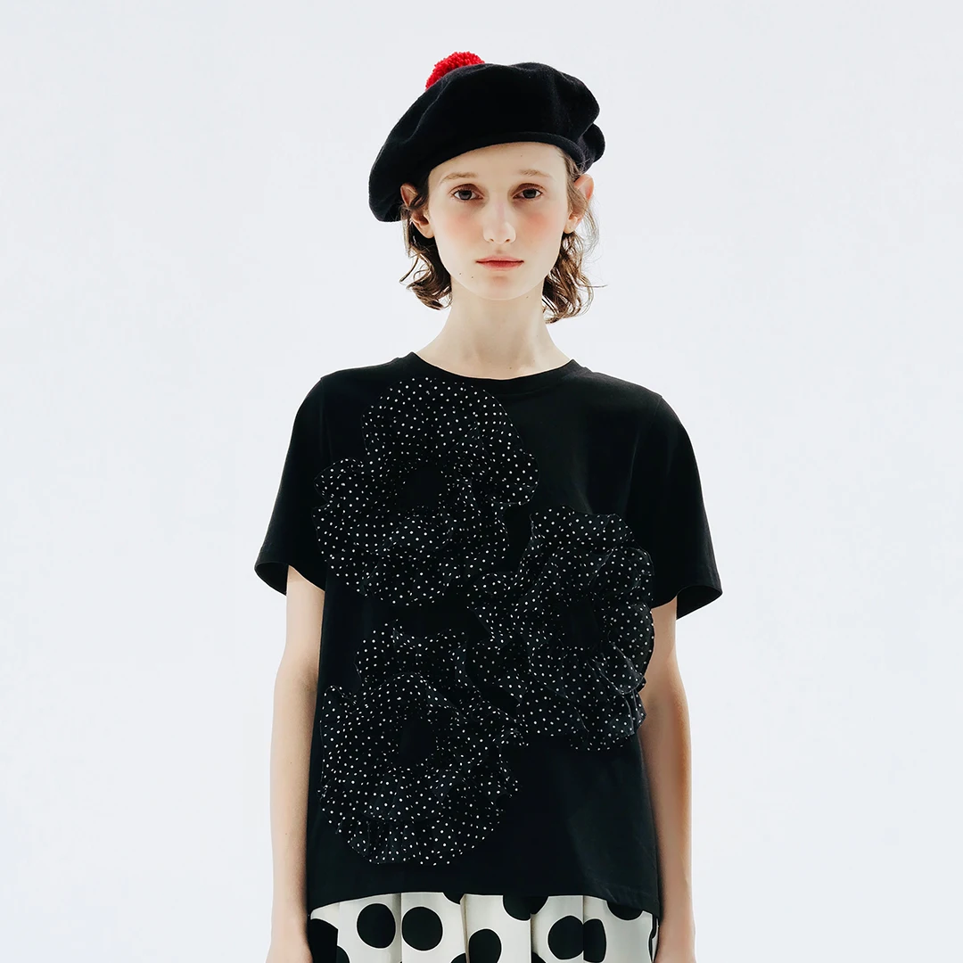 imakokoni original design black short-sleeved lace stitching polka dot T-shirt summer 234175