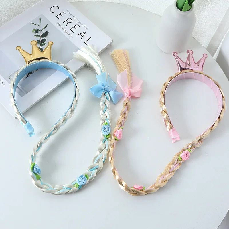 Princess Crown Flower Weaving Braid Girls Elsa Coplay Long Braid Wig Headband Queen Crown Pink Yellow Hairpin Wig Kids Hair Rope