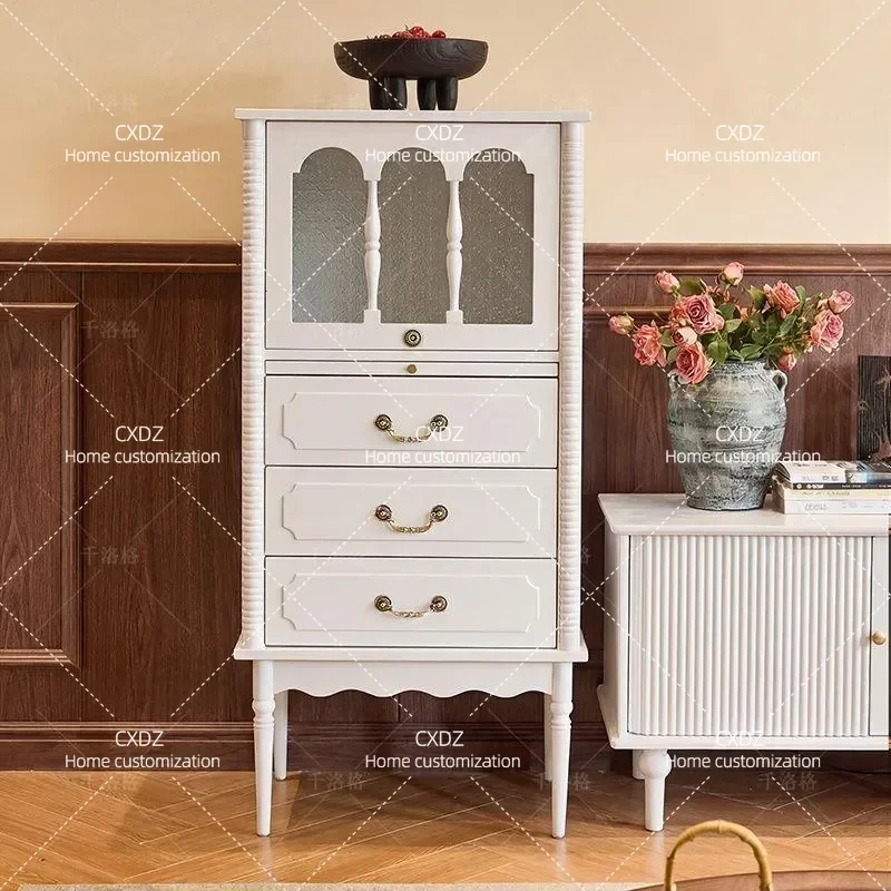 Cream Solid Wood Side Cabinet Floor Storage Unit Living Room Small Apartment TV Stand Locker