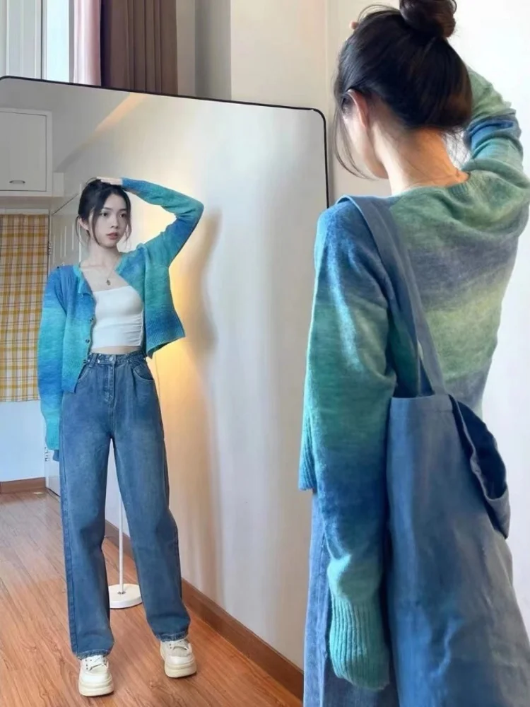 

Blue een Dyed Knitted Cardigan Women's Winter Ele ort Thin Gentle Sweater Jaet Long Sve Top