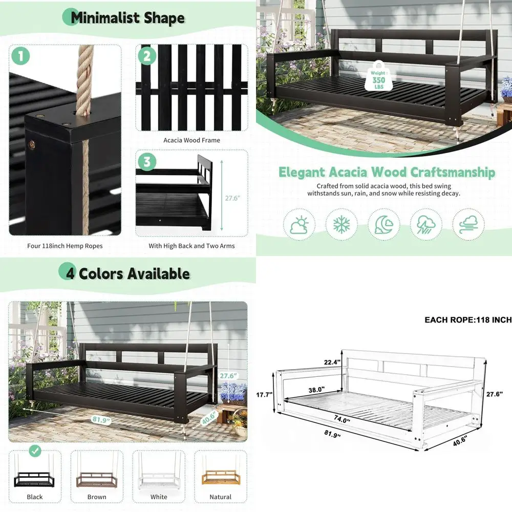 

MePatio Wooden Twin Size Porch Swing Daybed e, armhouse Swing Bench Chair with 4 Hanging Ropes or Backyard, Garden, Outdoor, Bla