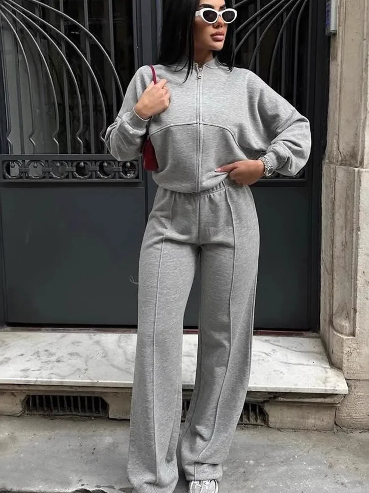 Conjunto de chándal para mujer, cazadora Vintage con cuello redondo y cremallera, pantalones sueltos de cintura alta, traje femenino, moda de primavera 2025, ropa deportiva para mujer