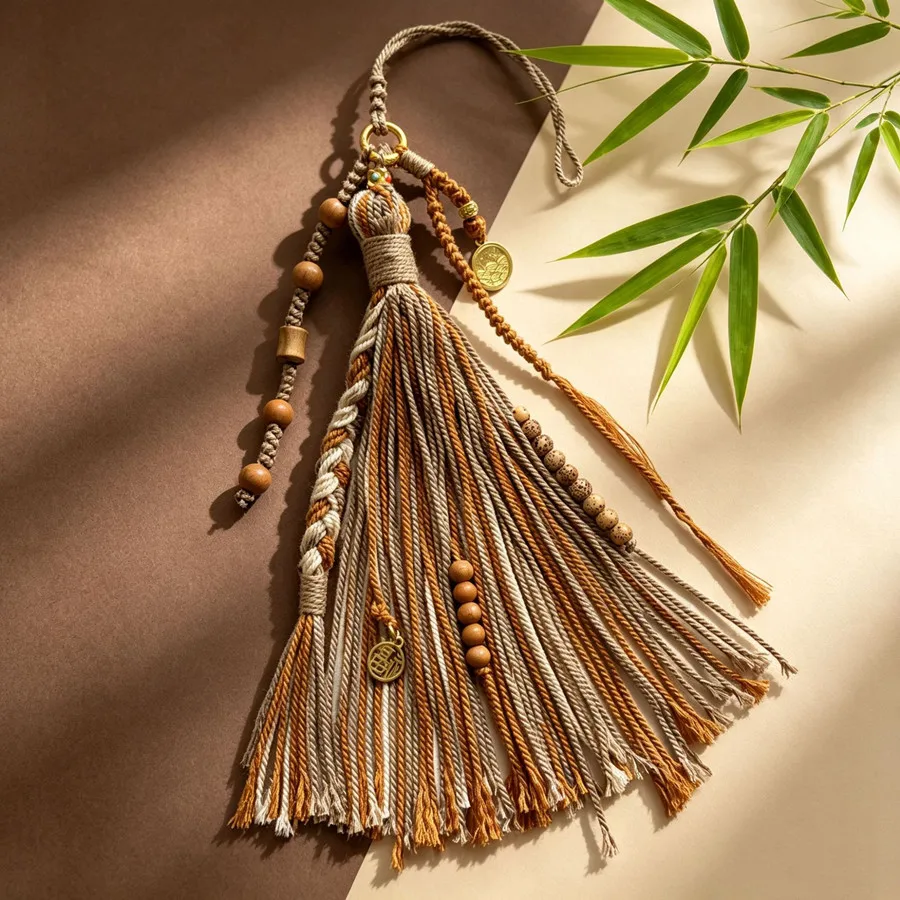 Tibetische Quaste mit Kupfermünzen und Perlen, Vajra-Stößel-Anhänger, gewebtes Lanyard, DIY-Schlüsselanhänger, Handyriemen, Taschen- und Auto-Hängeaccessoire – Detail 11