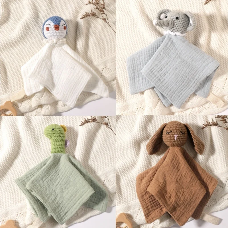 Cotton Muslin Baby Appease Towel with Crochet Animal Doll Newborn Sleeping Soothing Security Blanket Kid Face Towel Handkerchief