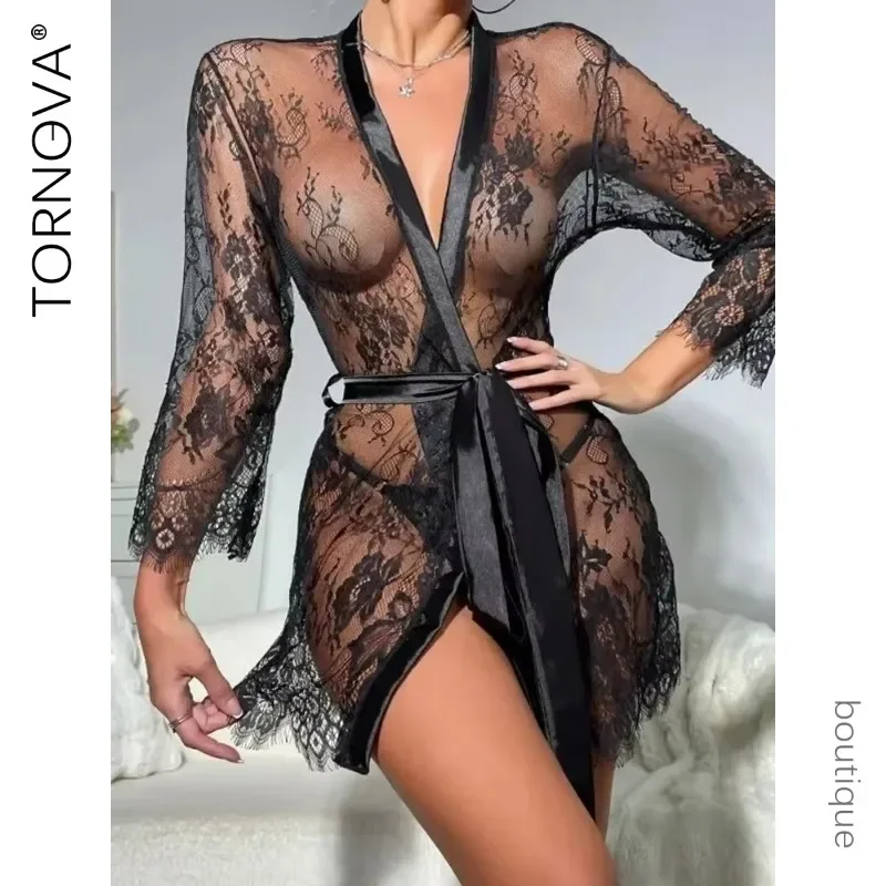 

Tornova Sexy Lingerie Sexy Nightgown For Women See-Through Lace Printing Deep V-Neck Home Ultrathin Lace Up Nightgown Set New