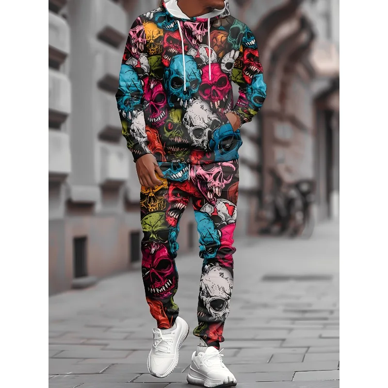 2025 حجم كبير بدلة رجالية غير رسمية ثلاثية الأبعاد مطبوعة مقنعين البلوز Sweatpants العصرية كول اللون الهيكل العظمي مجموعة طباعة كاملة #4