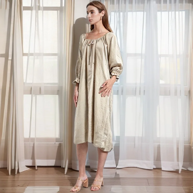 Casual 100% Cotton Dress Women Robes Puff Sleeve O-Neck Loose White Autumn Dress Streetwear Birthday Party Dresses Female Gown