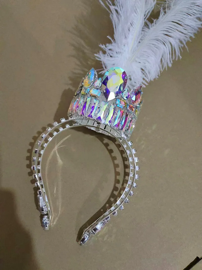 CUIER Top Luxurious White Feather Glass Strass Tiaras Headpiece for Women Crown Drag Queen Huge Size Jewelry For Stage