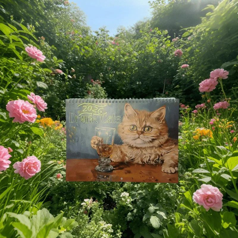 2026Annual Calendar - Funny whiskey drinking cat pattern - A Must-Have Gift for Cat Lovers