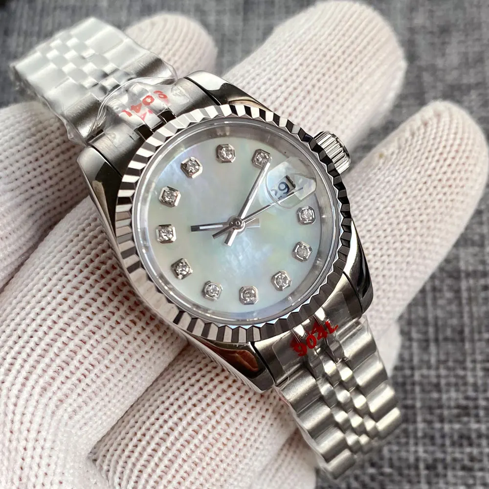 26mm Small Lady Automatic Watch NH05A Movement MOP Dial Curved Fluted Bezel Bracele Band Sapphire Glass Two Tone Rose