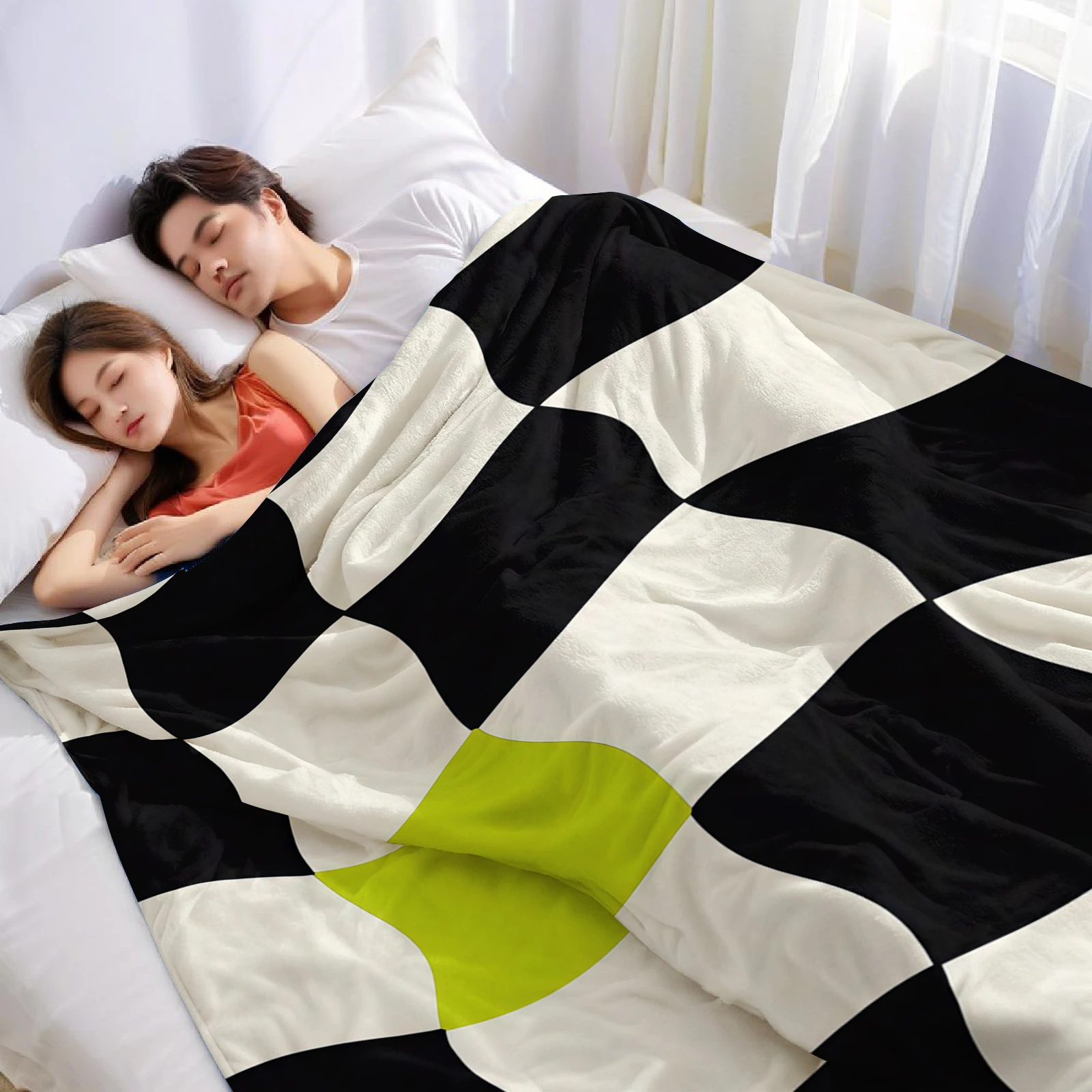 Warped Checker Lime Accent Cartoon Anime Print Flannel Blanket Soft Warm Throw for Kids Bedroom Sofa Bed Christmas Office Car