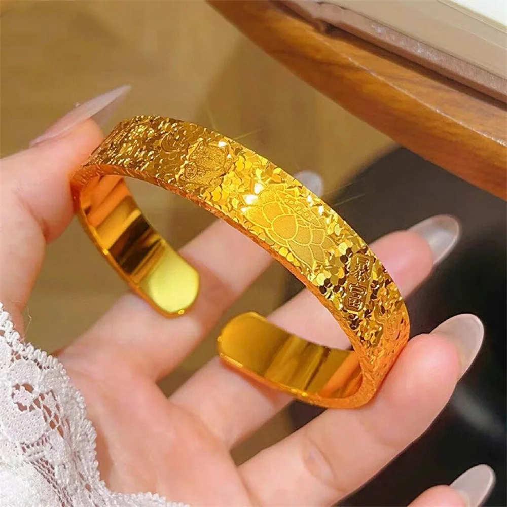 Unisex 14K Gold Plated Stainless Steel Crushed Ice Lotus Open Cuff Bangle Punk Style Women Fashion Temperament Bracelet Wholesal