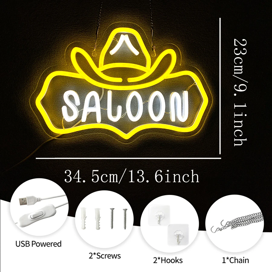 Saloon Neon Sign Vintage Western LED Light Sign for Bar, Man Cave,Game Room,Home Wall Decor USB Powered Cowboy Neon Wall Sign