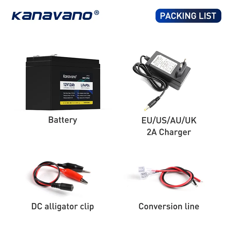 Kanavano Rechargeable LiFePO4 Battery Pack 12V 12Ah Built-in 4S BMS For Led Lighting Devices Household Appliances + 2A Charger