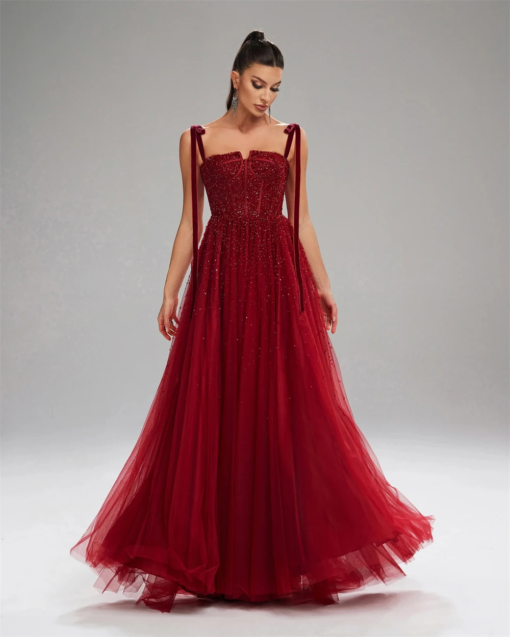 

Customized Elegant Red Organza Evening Dress Sexy Spaghetti Straps Sleeveless Prom Dress Soft Straight Lace Up Back Party Dress