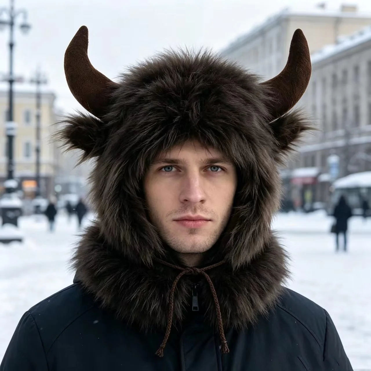 High Quality Unisex Bullhead Hat Thick with Horns Earflap Hat Windproof Fluffy Funny Hat Bomber Hats 3