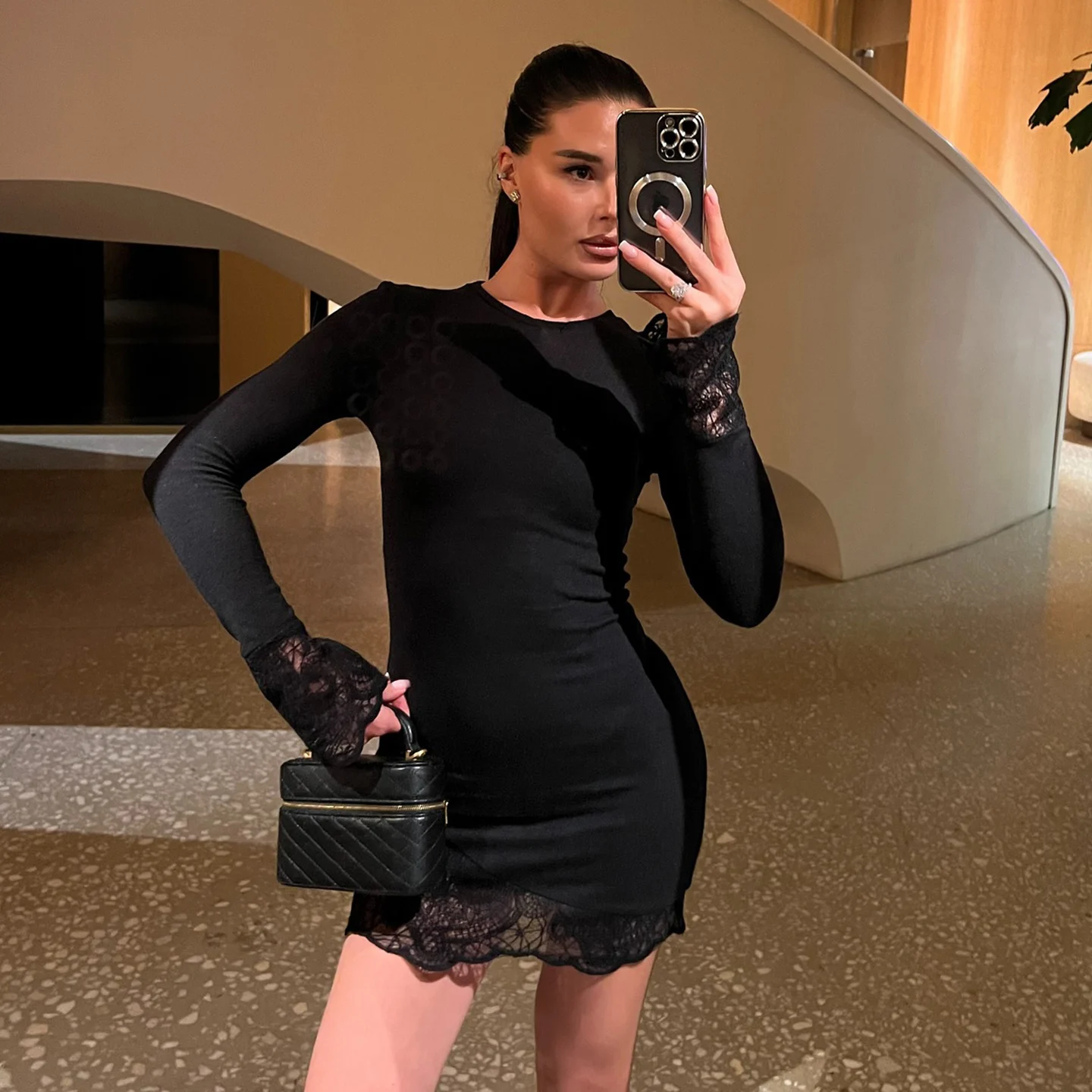 

Elegant Fashion Lace Trim Bodycon Dress Sexy Slim O-Neck Long Sleeve Mini Dresses For Women 2025 Autumn Spring Streetwear Ladies