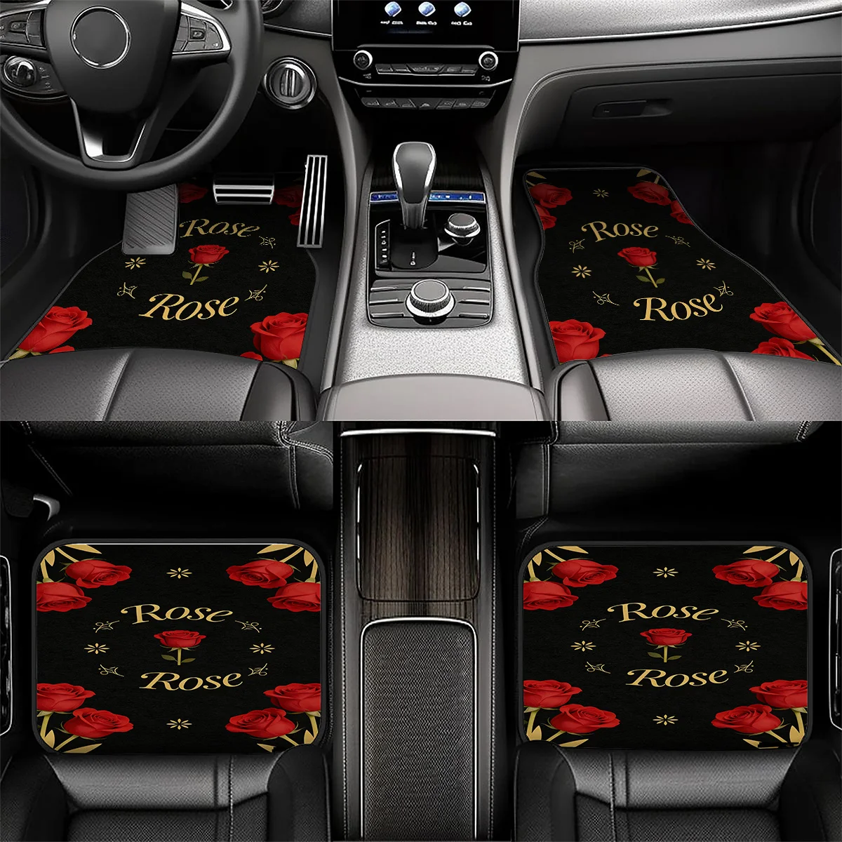 4pcs Car Floor Mats With An Exquisite Appearance Featuring An Artistic Floral Pattern, A Signature Automotive-themed Design, And