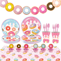 Donut Theme Disposable Tableware Paper Plates Cups Napkins Banner Balloon Girls Donut Theme Birthday Party Decoration Supplies