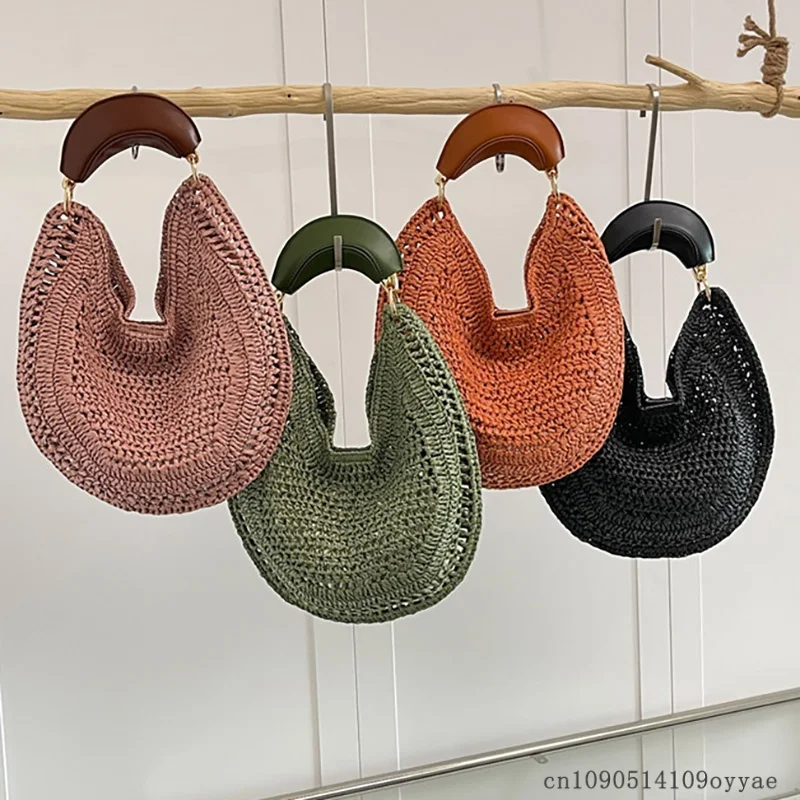 Seaside Vacation Style Woven Bag New Women's Bag Bohemian Half Moon Straw Bag Fashion Beach Handbag Large Capacity Travel Tote - view 6