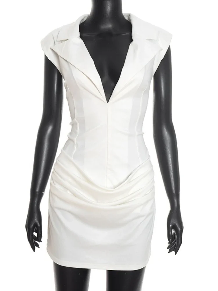 Vrouwen Sexy Mouwloze Diepe V-hals Effen Korte Jurk High Street Vrouwelijke 2026 Hoge Taille Tunieken Ruches Avond Jurken