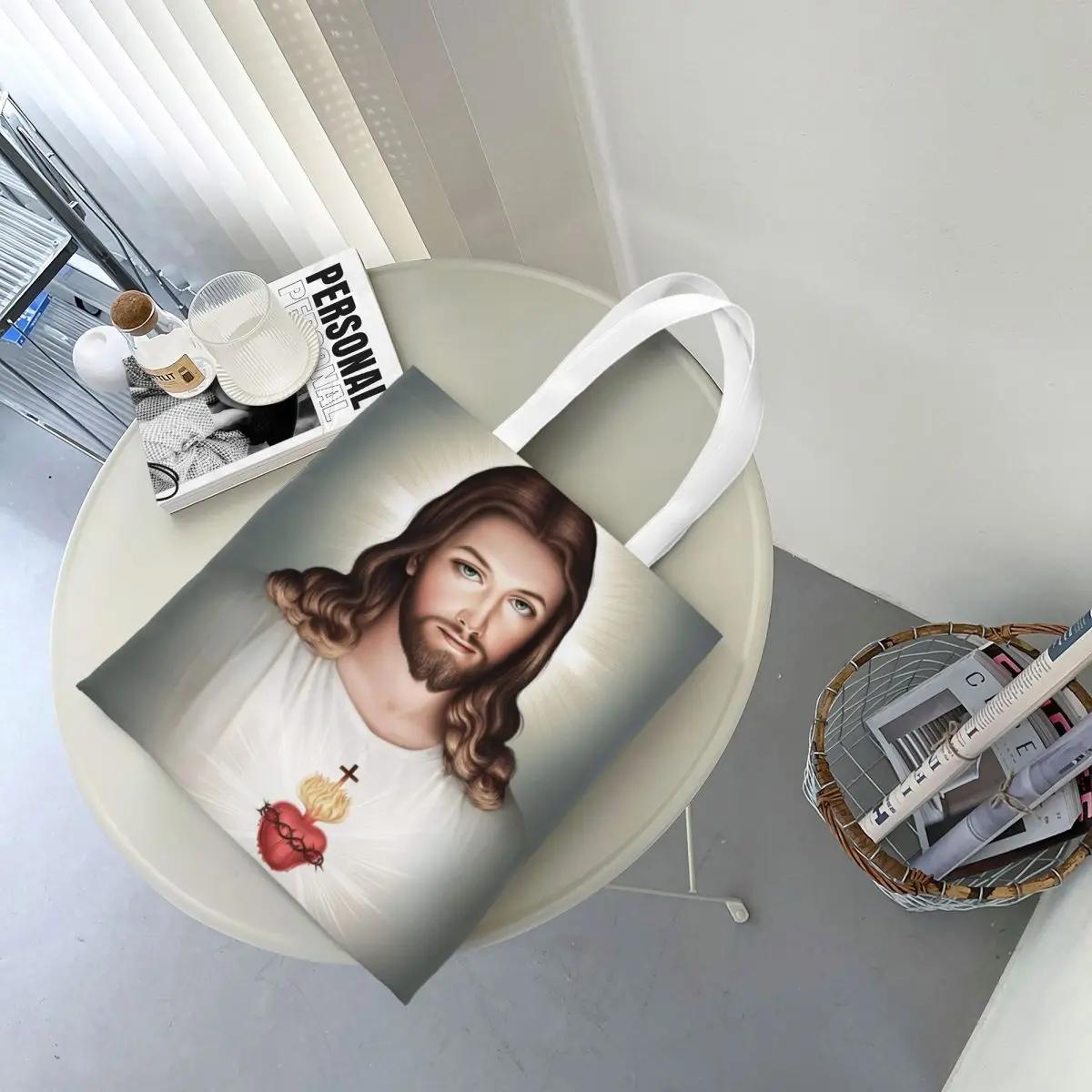 Sacola de lona do coração sagrado para homens e mulheres, sacolas de compras católicas religiosas, Y2K, Santo Jesus Cristo, design exclusivo