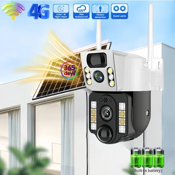 듀얼 렌즈 태양광 카메라, 저전력 배터리, 와이파이 카메라, CCTV PIR 모션 감지, 자동 추적, V380 프로 감시 모니터, 8MP, 4G