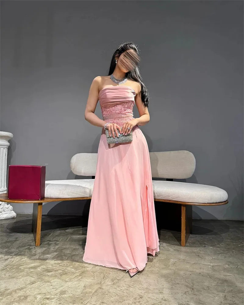 Elegante A-Line Strapless Prom Dress, Vestido de festa sem mangas Applique, Arábia Saudita, Personalizar Ocasião Vestido, Vestidos longos