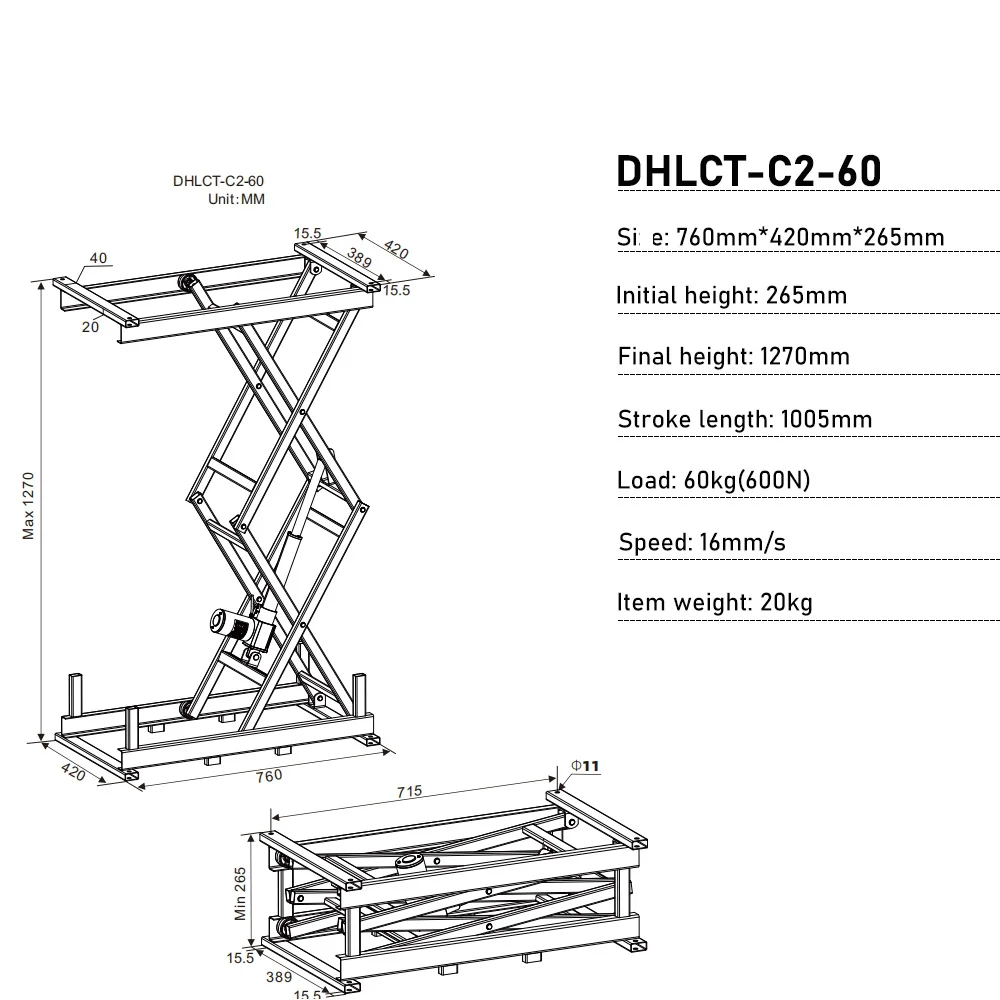 1005mm Stroke Electric Lifting Platform with App Controller Double-layer 60kg/80kg Load DC24V Hand Control Table Lifter Motor