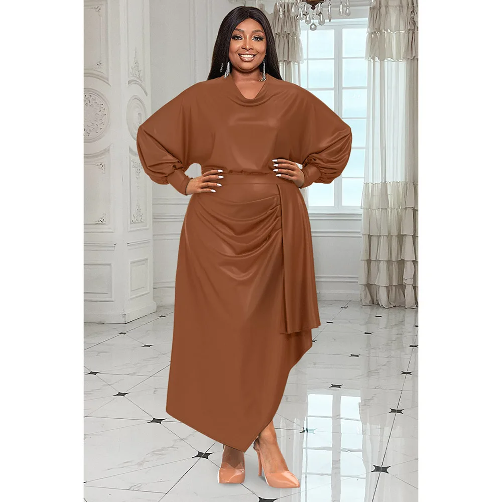 Plus Size Daily Casual Dress Brown V Neck Long Sleeve Irregular Satin Maxi Dress