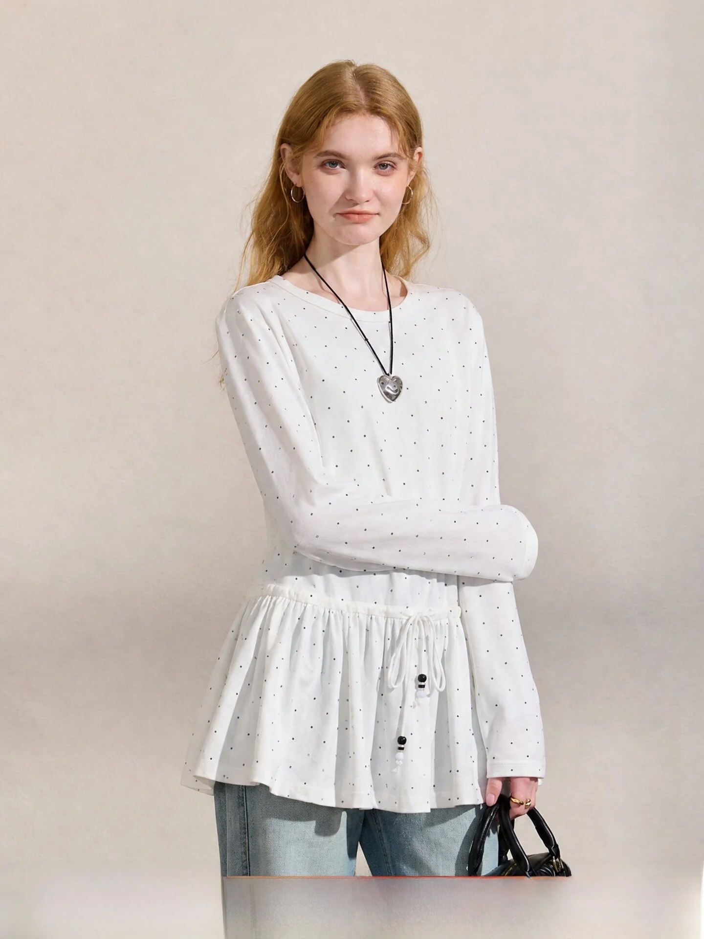 Comfortable Long Sleeve T-Shirt Casual Outfit Gathered Hem Slimming Versatile Sweet Top for Autumn Traveling Polka Dot Knitwear