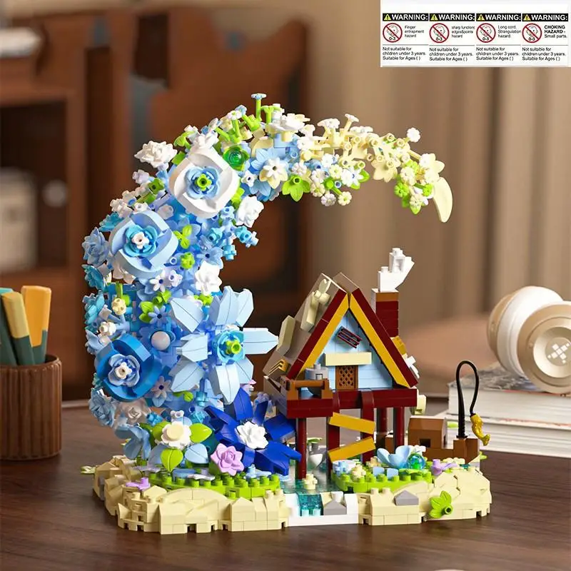 Flower Tree House Building Blocks Set, Blue Floral Crescent Moon Cottage Bricks Model, DIY Assembly Toy, Home Decor Ornament,