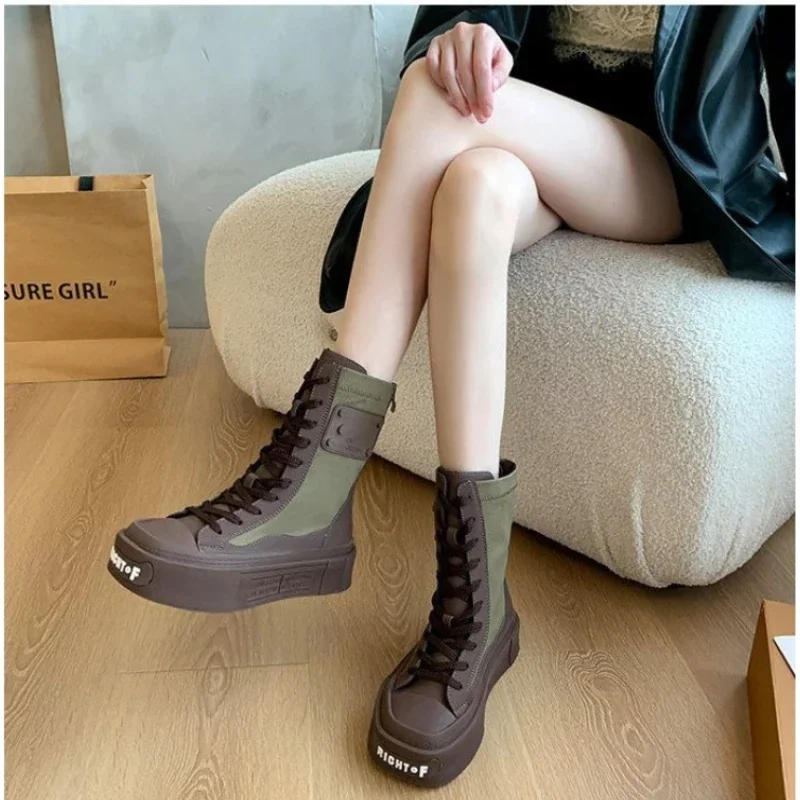 2024 Winter Boots Women's Thick-soled Shoes Short Boots Rain War Military Short Leather Black New Rock Punk Goth Women's Shoes