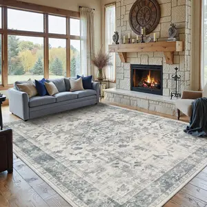 8x10 Washable Vintage Boho Rug, Non-Slip Low Pile for Living Room, Office, Kids Room in Light Blue Grey