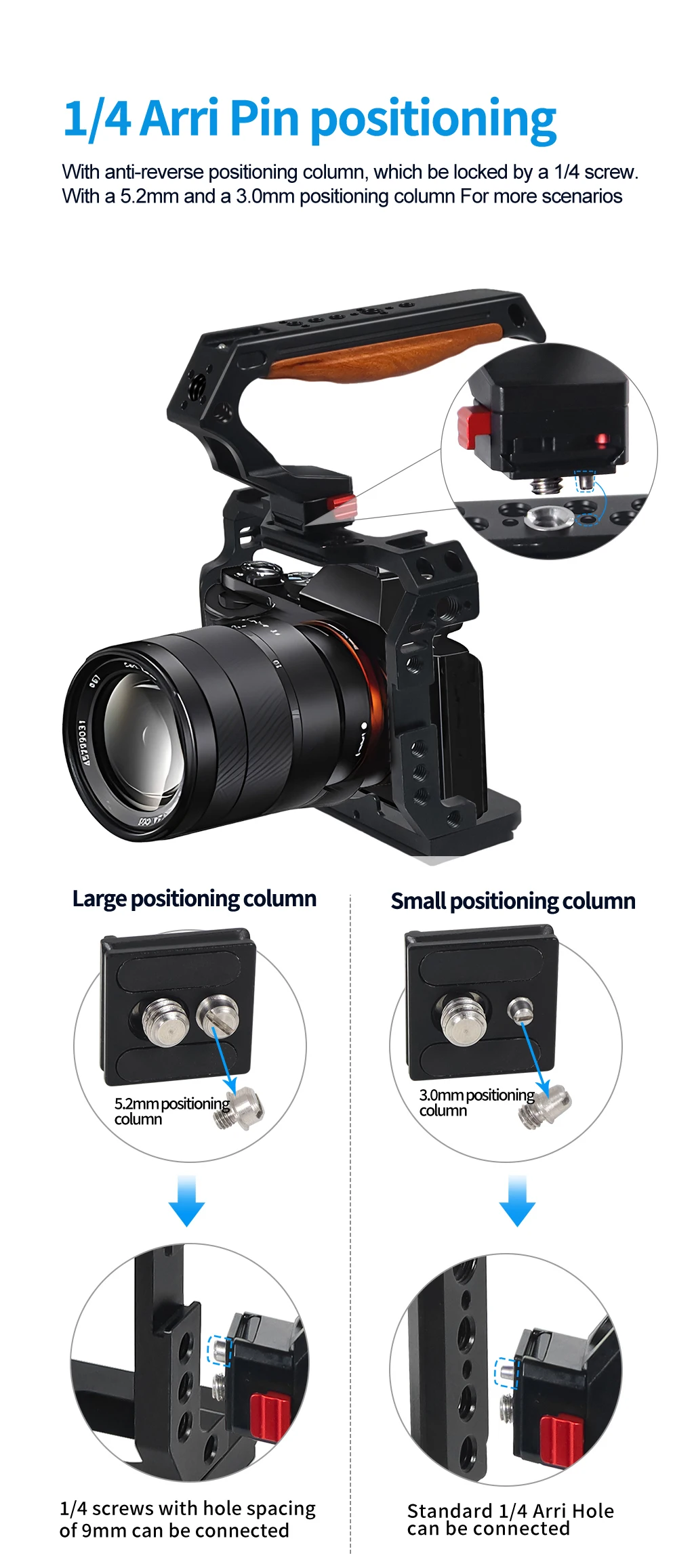 Holzgriff mit Schnell verschluss für DSLR-Kamera käfig mit 1/4 3/8 Arri-Loch-Kalt schuh halterung für den oberen Griff des Video licht mikrofons – Detail 8