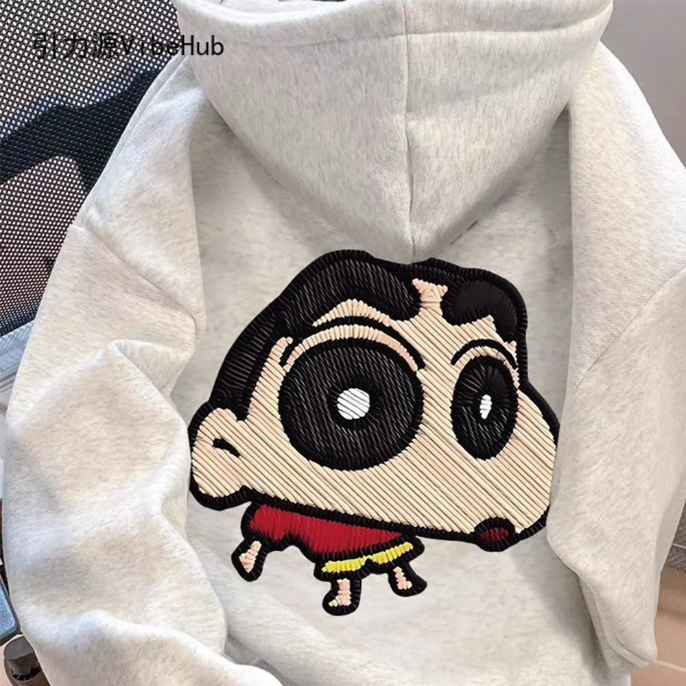 Cute Anime Crayon Shin-Chan Back Embroidery Hoodie Winter Warm Fleece Lined Oversized Hooded Pullover Couple Matching Sweatshirt view 5